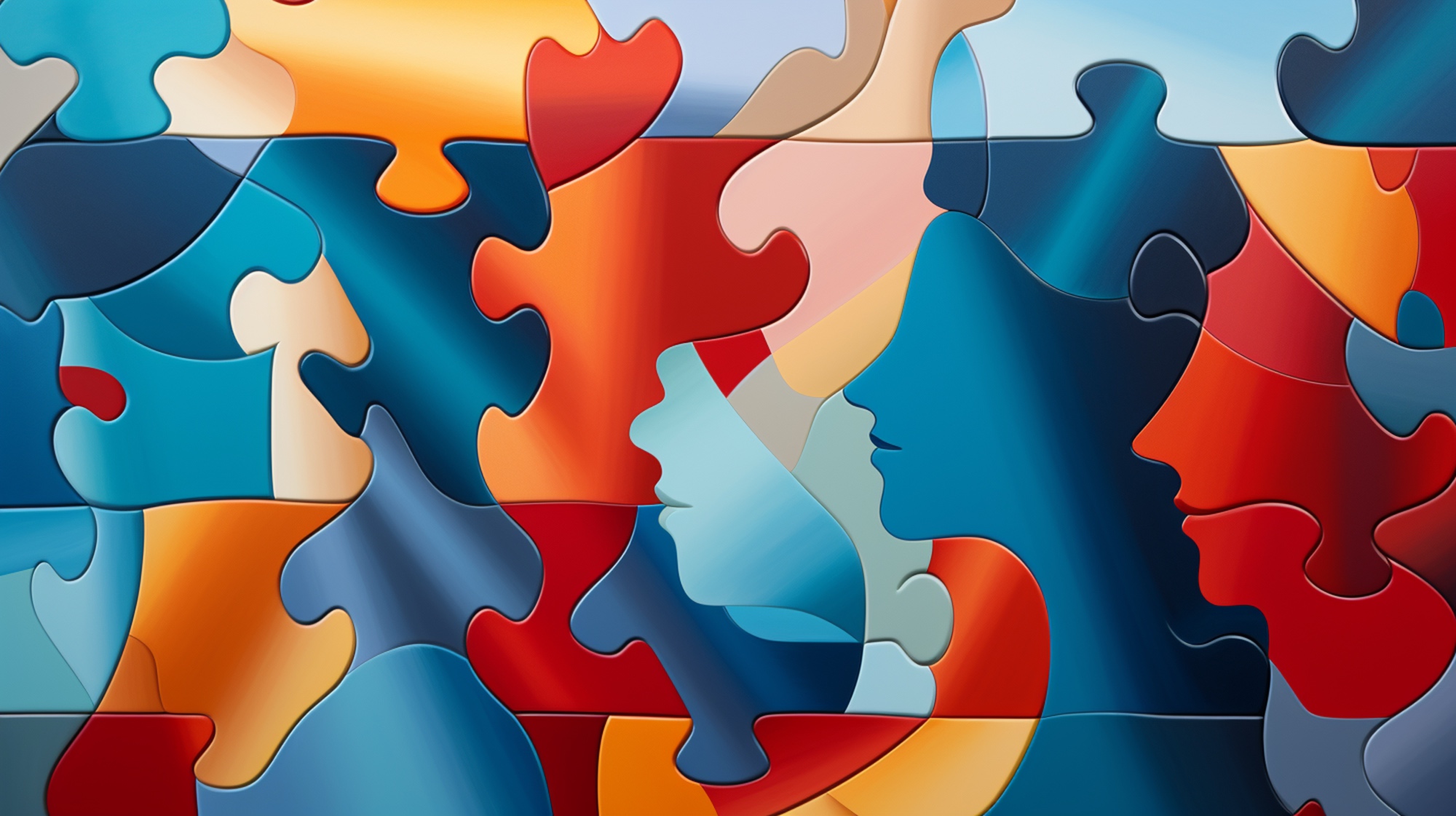 Farbige Puzzleteile, die zu Gesichtsprofilen zusammengesetzt sind